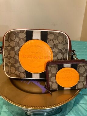 Coach Dempsey Camera Bag Wallet Set Signature Jacquard Varsity Stripe EUC